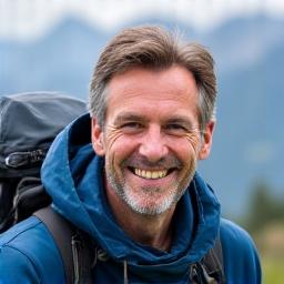 A friendly portrait of Markus Steiner, an experienced mountain guide, smiling in an alpine setting.