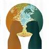 Two diverse figures shaking hands against a globe icon, representing cultural exchange.