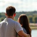 A smiling couple in their 30s enjoying a scenic view during their trip.