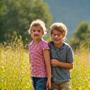 A family with two young children laughing brightly in a grassy field.