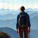 A solo female hiker standing atop a mountain, looking triumphantly at the view.
