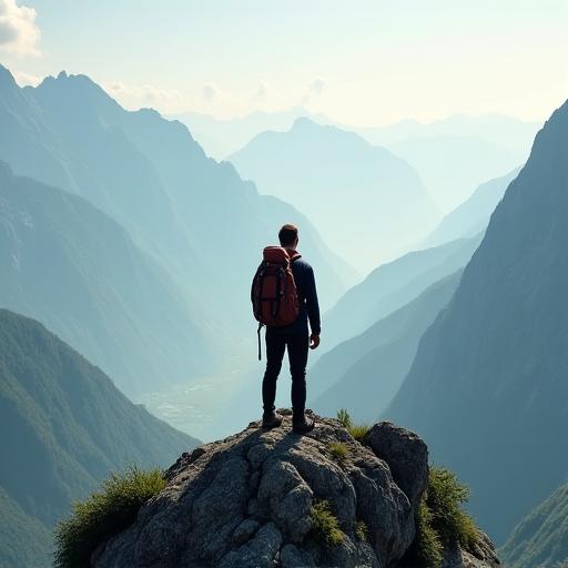 A hiker standing on a mountain peak, looking out over a vast valley in the Austrian Alps.