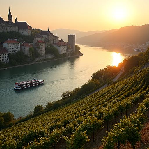 A picturesque view of the Danube river, with a historic town and vineyards on the bank.