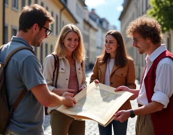 A cheerful Austrian guide pointing out a detail on a historic map to a small group of travelers.