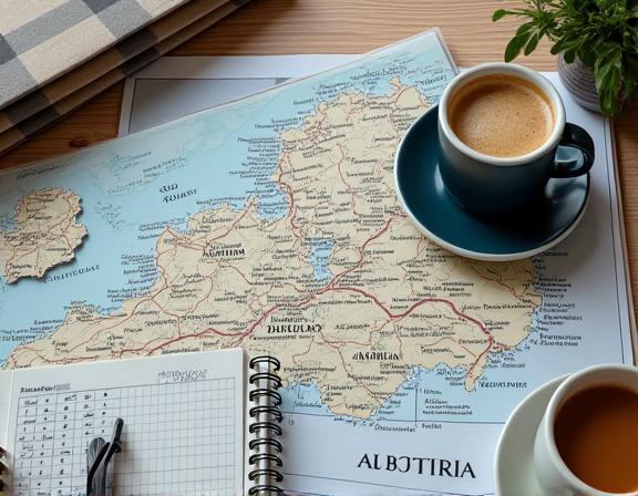 A close-up of a travel planner's desk with a map of Austria, a notepad, and a cup of coffee.